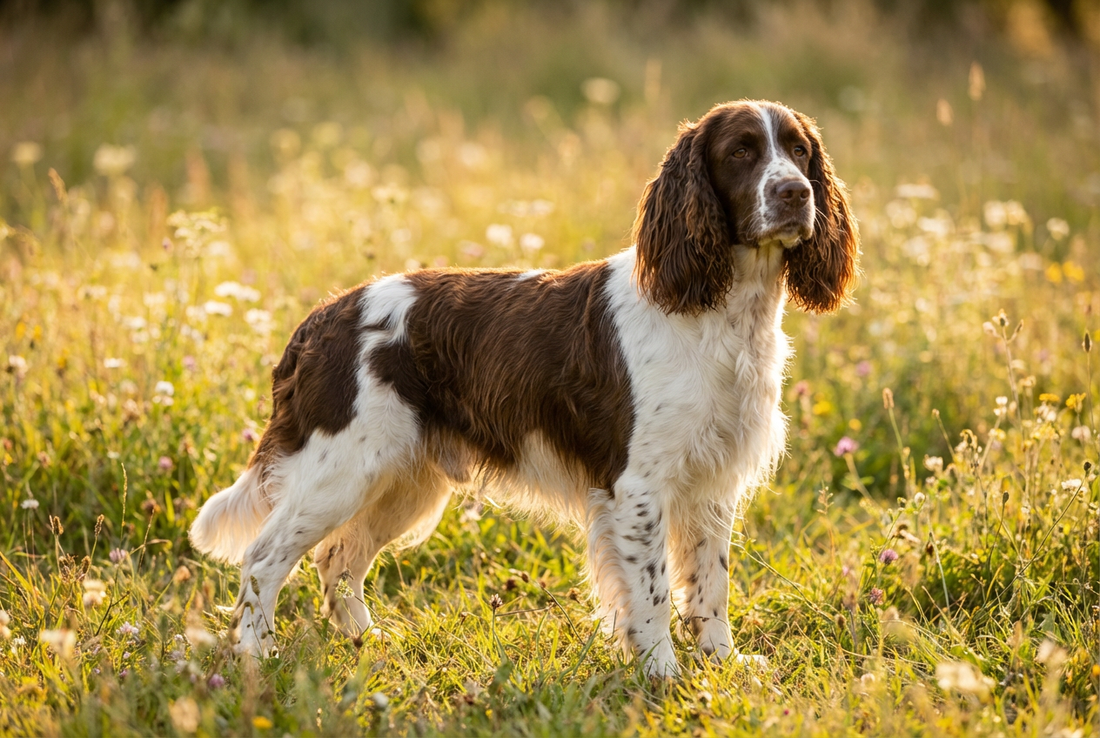 Adult English Springer Spaniel with medium wavy liver-and-white coat with long feathered ears, professional pet photograph