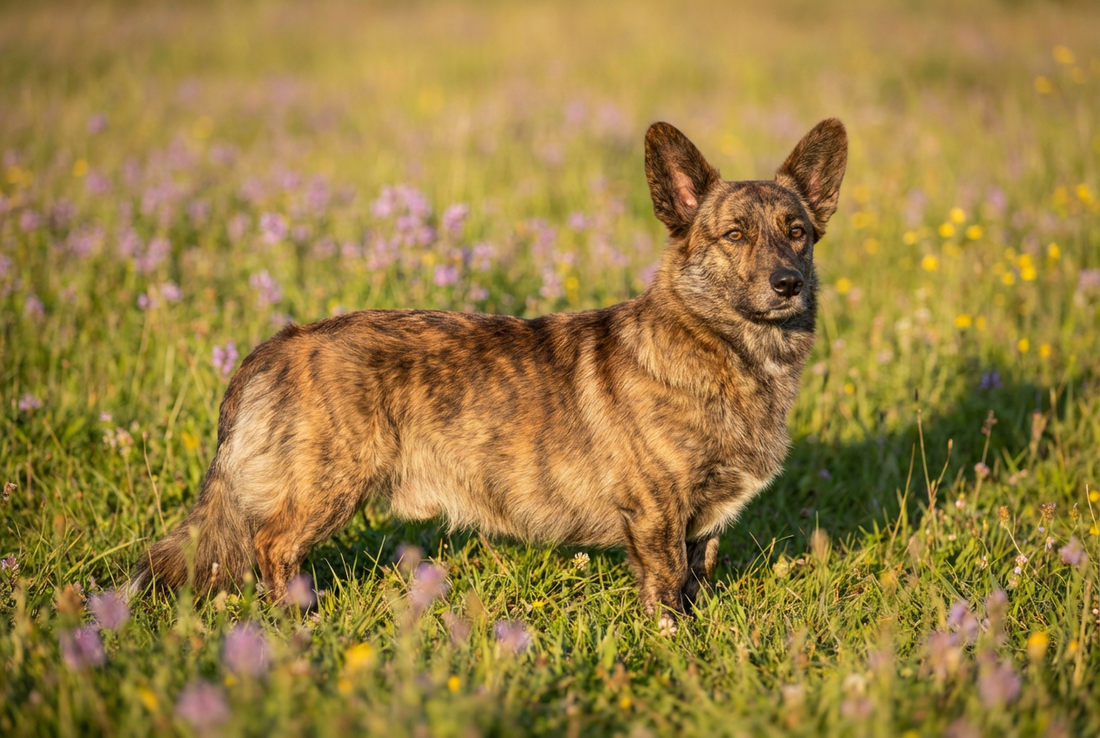 Adult Cardigan Welsh Corgi with medium-length brindle or sable double coat, long-bodied low-set frame, professional pet photograph