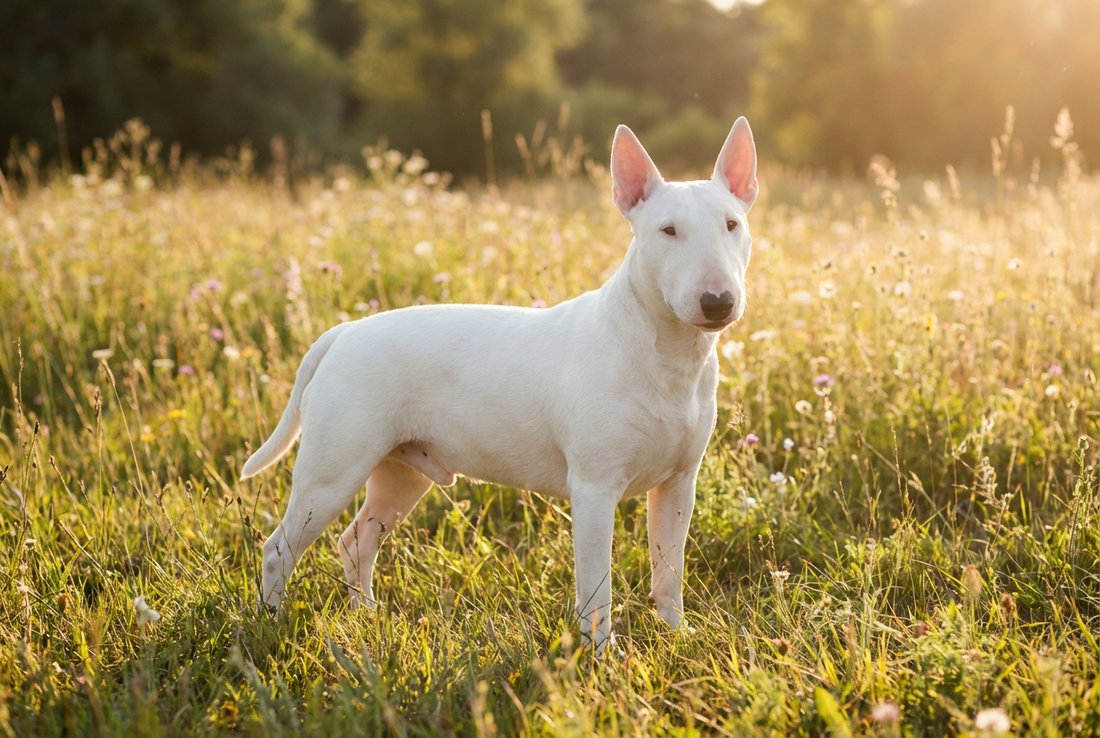 Adult Miniature Bull Terrier with short white coat with the iconic egg-shaped head profile (smaller than standard Bull Terrier), professional pet photograph