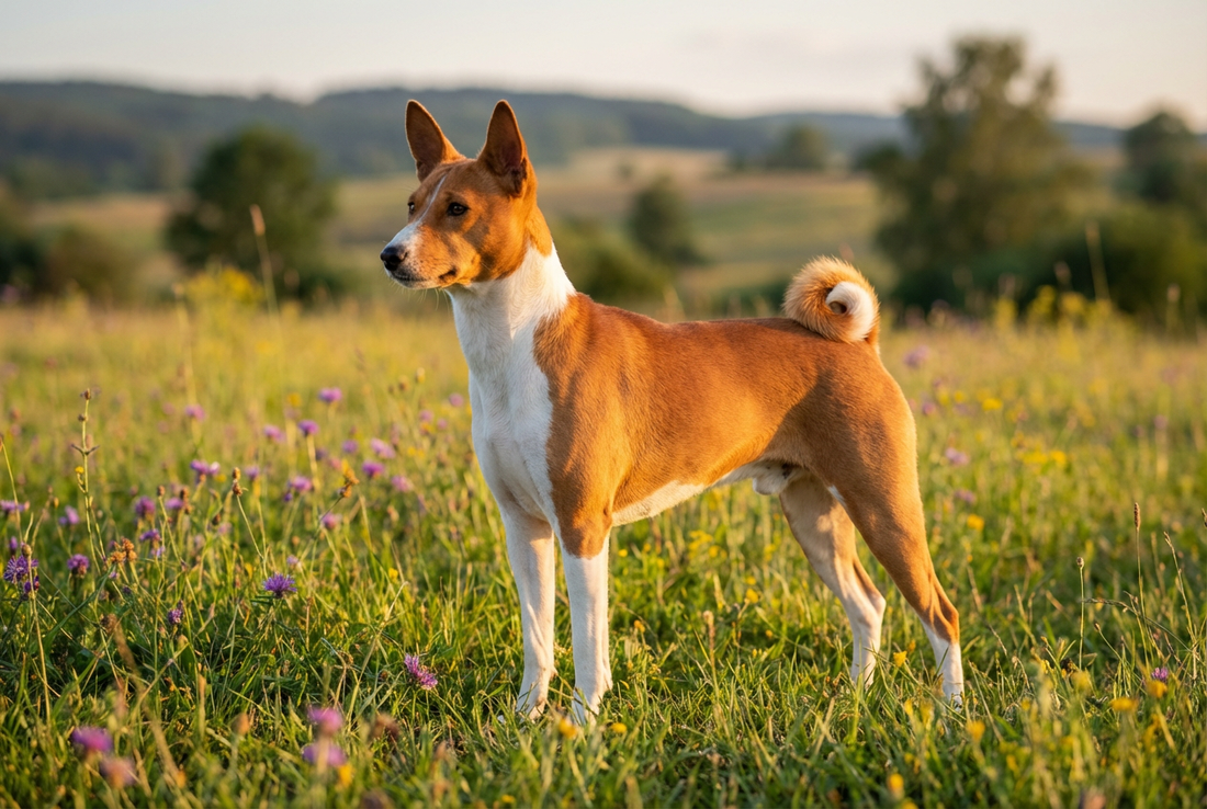 Adult Basenji with short fine red-and-white coat, tightly curled tail, professional pet photograph