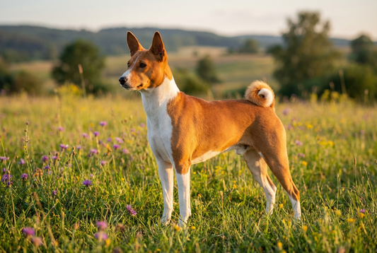 Adult Basenji with short fine red-and-white coat, tightly curled tail, professional pet photograph