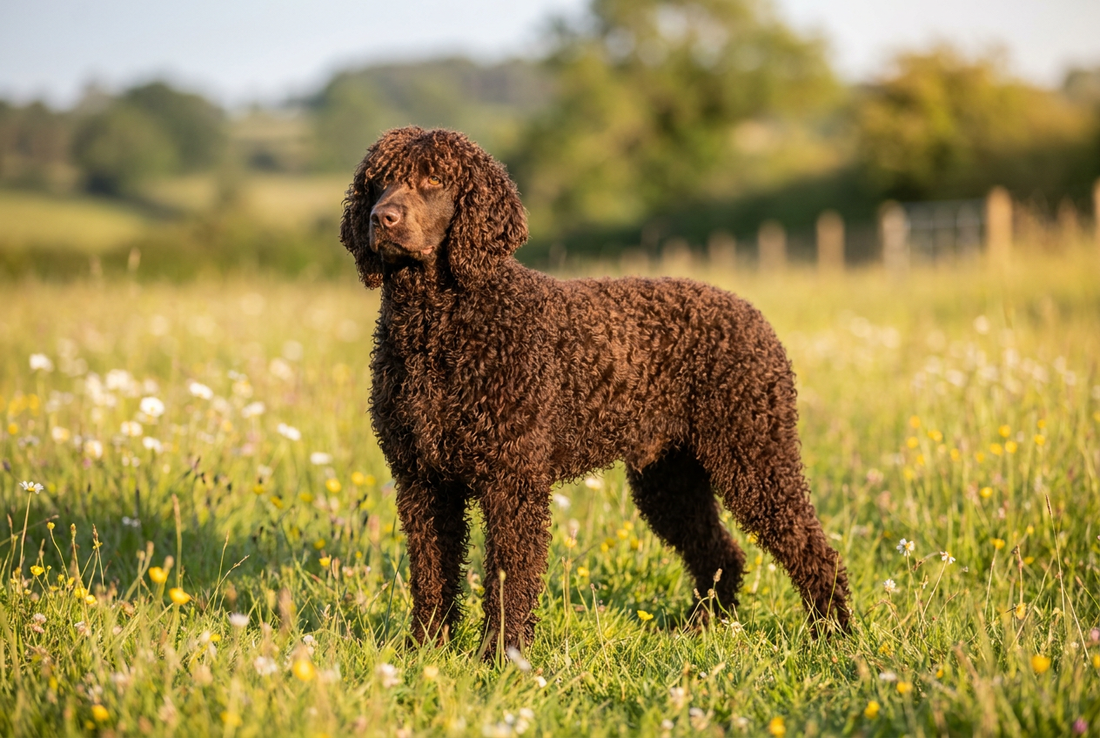 Adult Irish Water Spaniel with dense crisp tight liver-colored curls covering the body, professional pet photograph