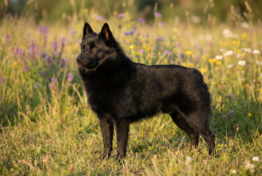 Adult Schipperke with thick black double coat with profuse ruff, fox-like face, naturally tailless, professional pet photograph