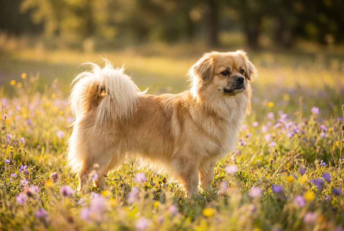 Adult Tibetan Spaniel with medium silky golden double coat with feathered tail, flat-faced, professional pet photograph