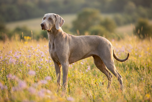 Adult Weimaraner with short sleek silver-gray coat, tall lean elegant frame, professional pet photograph