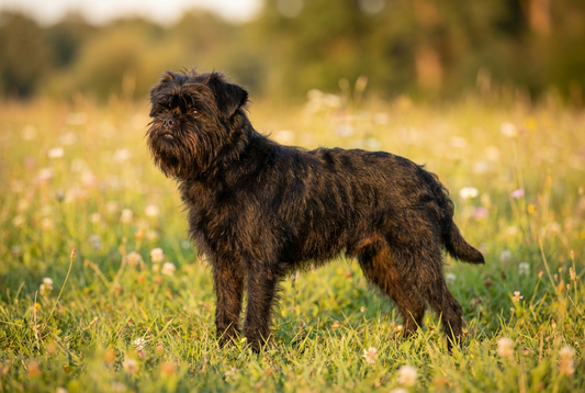 Adult Affenpinscher with scruffy wiry black coat with monkey-like beard and bushy eyebrows, professional pet photograph