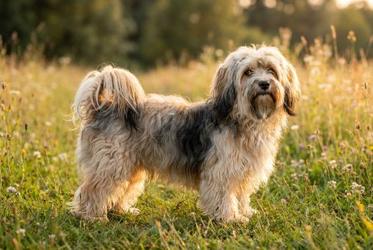 Adult Havanese with long silky wavy multi-color coat (cream, gold, black combinations), professional pet photograph
