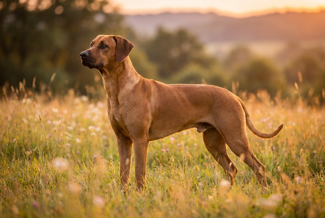 Adult Rhodesian Ridgeback with short wheaten coat with the distinctive reverse-growing dorsal ridge, professional pet photograph