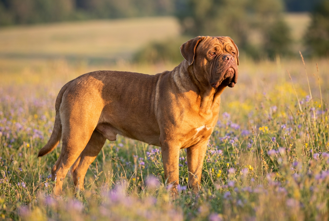 Adult Dogue de Bordeaux with short fawn coat with the largest head proportionally of any breed, deep wrinkles, professional pet photograph