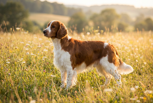 Adult Welsh Springer Spaniel with silky flat rich-red-and-white coat with feathering, professional pet photograph