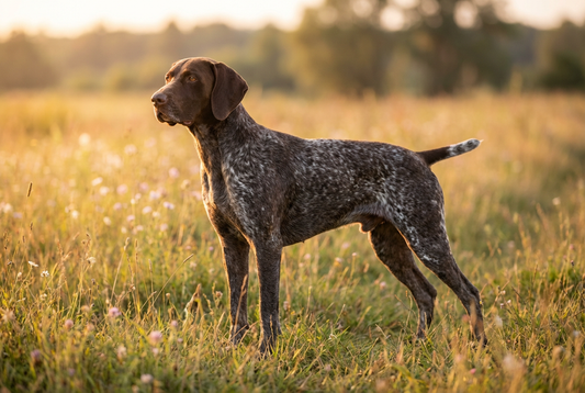 Adult German Shorthaired Pointer with short dense liver-roan coat (liver and white ticking), professional pet photograph
