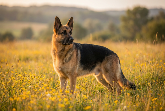 Adult German Shepherd Dog with medium black-and-tan saddle pattern double coat, professional pet photograph