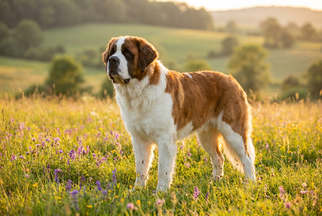 Adult Saint Bernard with long red-and-white coat with broad flat head and deep jowls, professional pet photograph