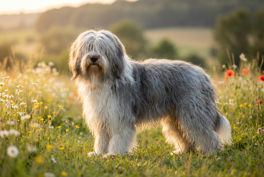 Adult Polish Lowland Sheepdog with long shaggy gray-and-white double coat covering the eyes, professional pet photograph