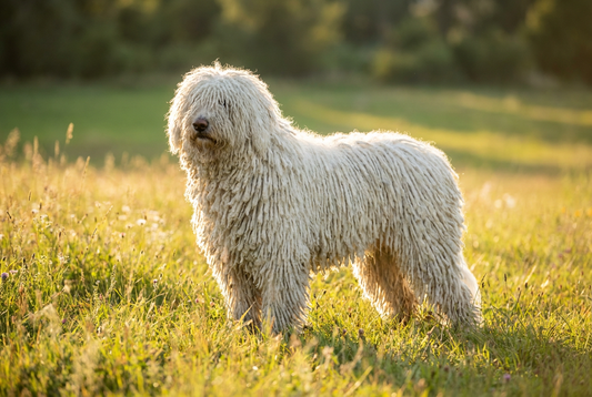 Adult Komondor with long white corded mop-like coat, professional pet photograph