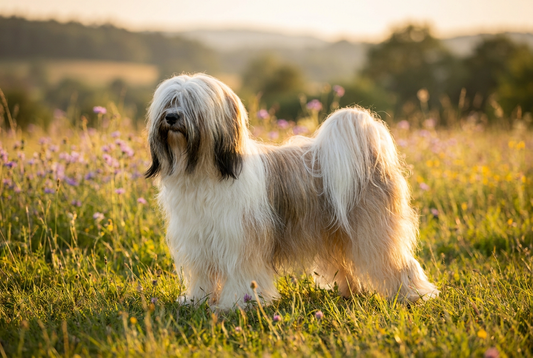 Adult Tibetan Terrier with long flowing silky double coat (white, gold, or black) covering the eyes, professional pet photograph