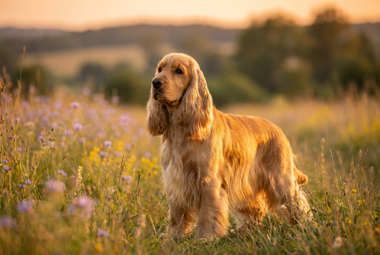 Adult Cocker Spaniel with silky golden flowing coat with feathered long ears, professional pet photograph