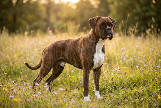 Adult Boxer with short fawn or brindle coat with white markings, square flat face, professional pet photograph