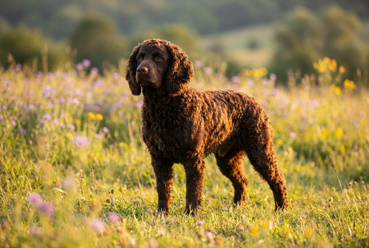 Adult American Water Spaniel with tight wavy liver-brown curls, professional pet photograph