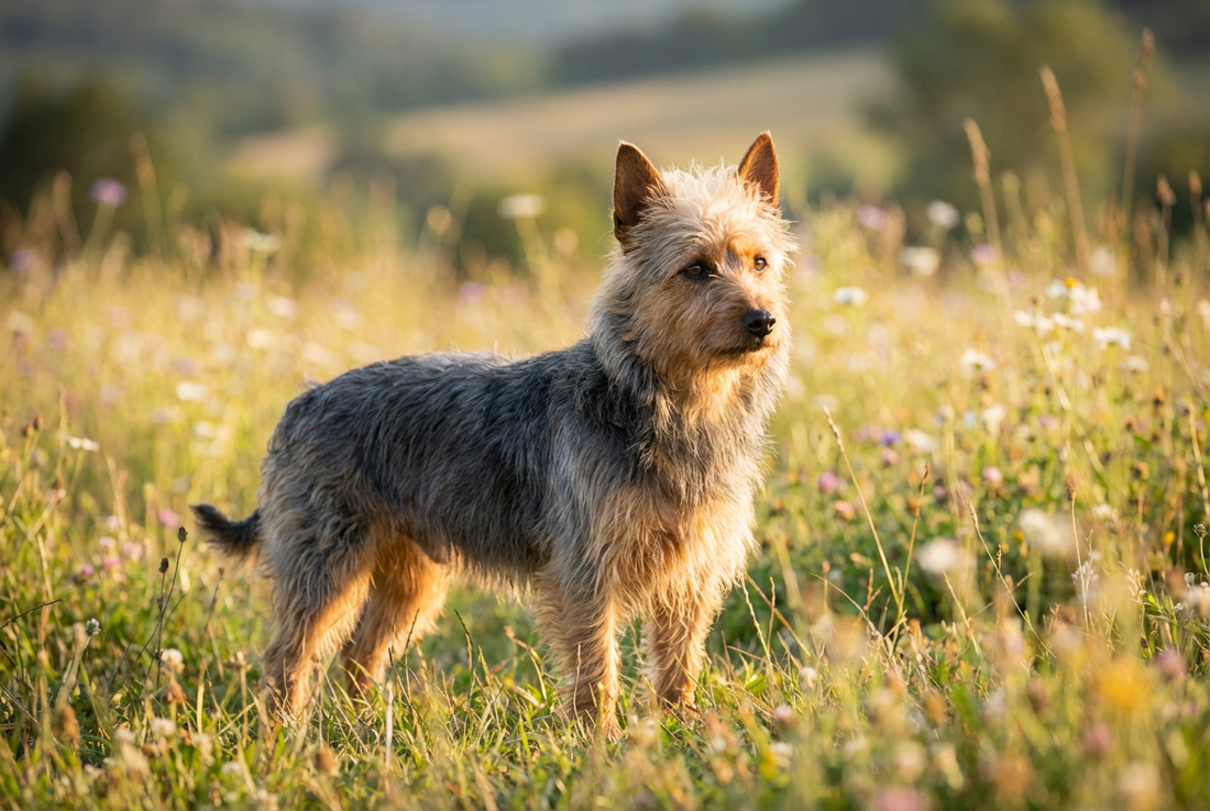 Adult Australian Terrier with harsh wiry blue-and-tan coat with a soft topknot, professional pet photograph