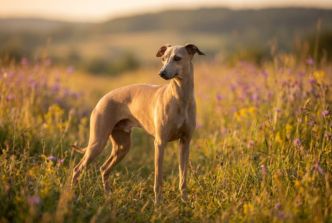 Adult Italian Greyhound with very short fine fawn coat, miniature sighthound build, professional pet photograph