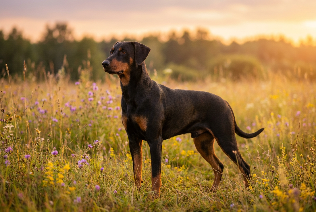 Adult German Pinscher with short sleek black-and-rust coat, square athletic frame, professional pet photograph