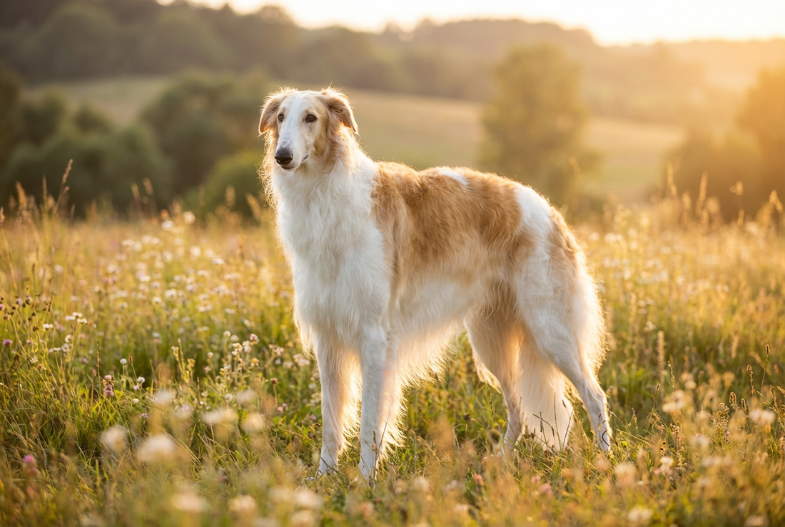 Adult Borzoi with long silky white-and-tan flowing coat, professional pet photograph