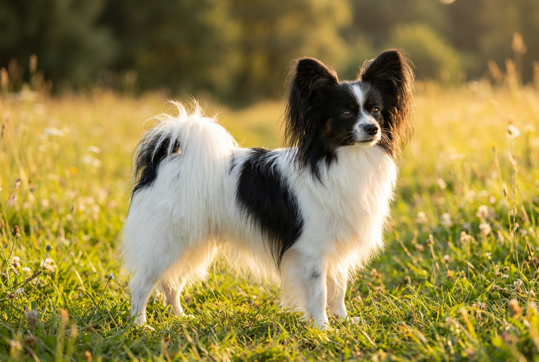 Adult Papillon with long silky black-and-white coat with butterfly-shaped fringed erect ears, professional pet photograph