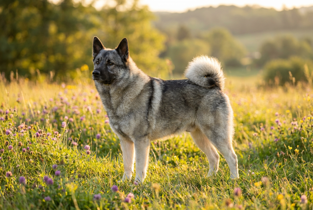 Adult Norwegian Elkhound with thick gray double coat with darker face and saddle, curled tail over back, professional pet photograph