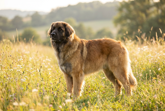 Adult Leonberger with long lion-like golden-mahogany double coat with dark mask, large gentle giant frame, professional pet photograph