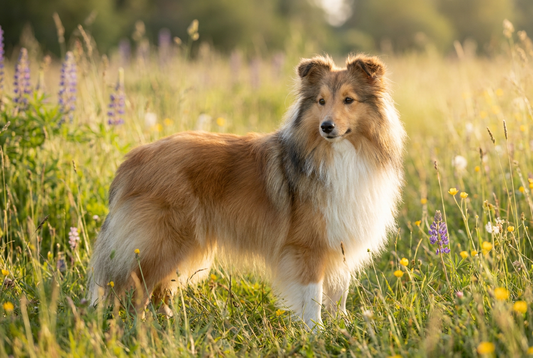 Adult Shetland Sheepdog with long sable-and-white double coat with mane and frill (miniature collie look), professional pet photograph