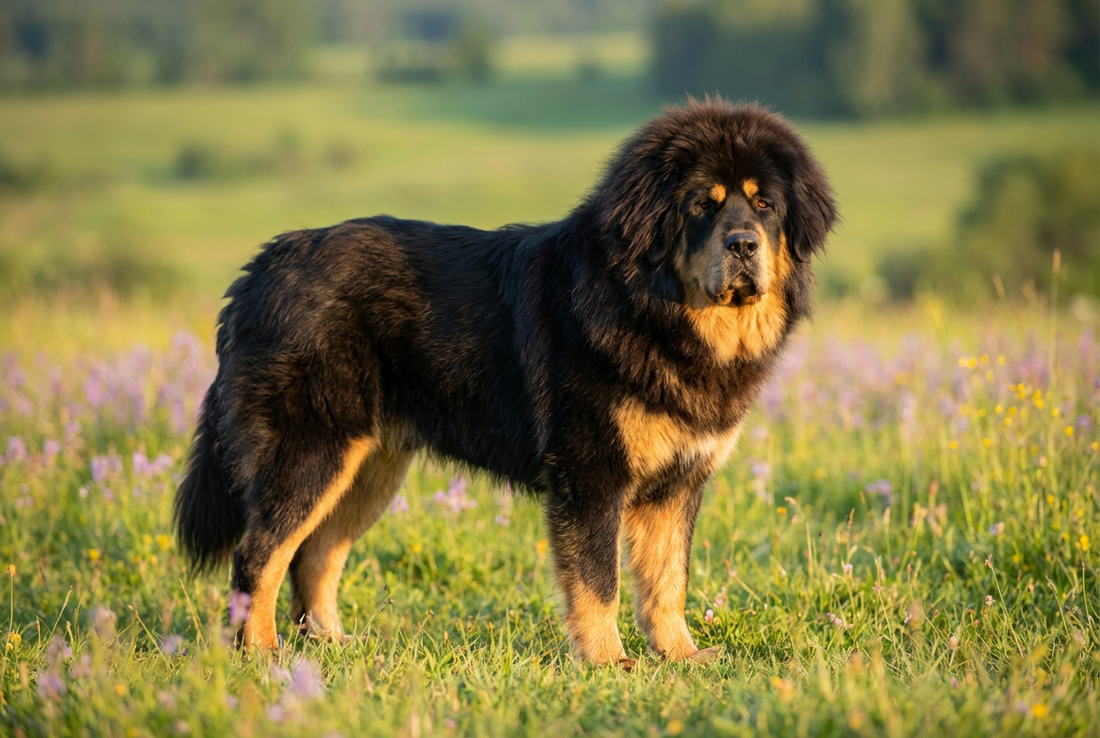 Adult Tibetan Mastiff with very thick black-and-tan double coat with a dramatic lion-like mane, professional pet photograph