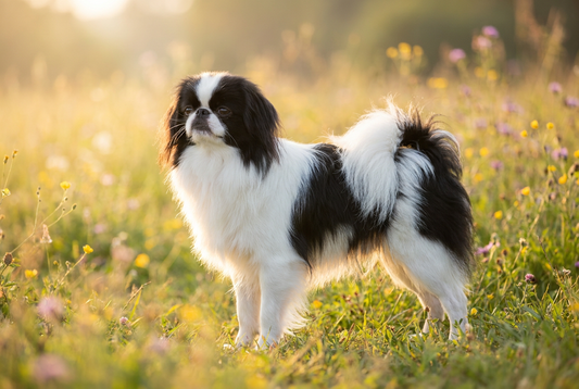 Adult Japanese Chin with long silky black-and-white coat with flat brachycephalic face, professional pet photograph