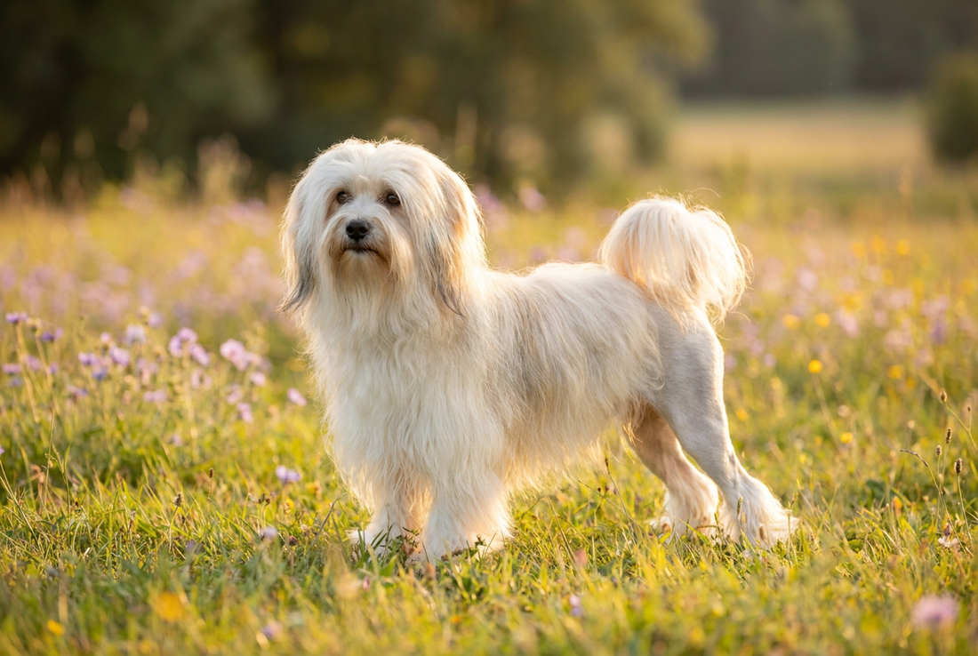 Adult Lowchen with long silky white-and-cream coat in characteristic 'little lion' clip, professional pet photograph