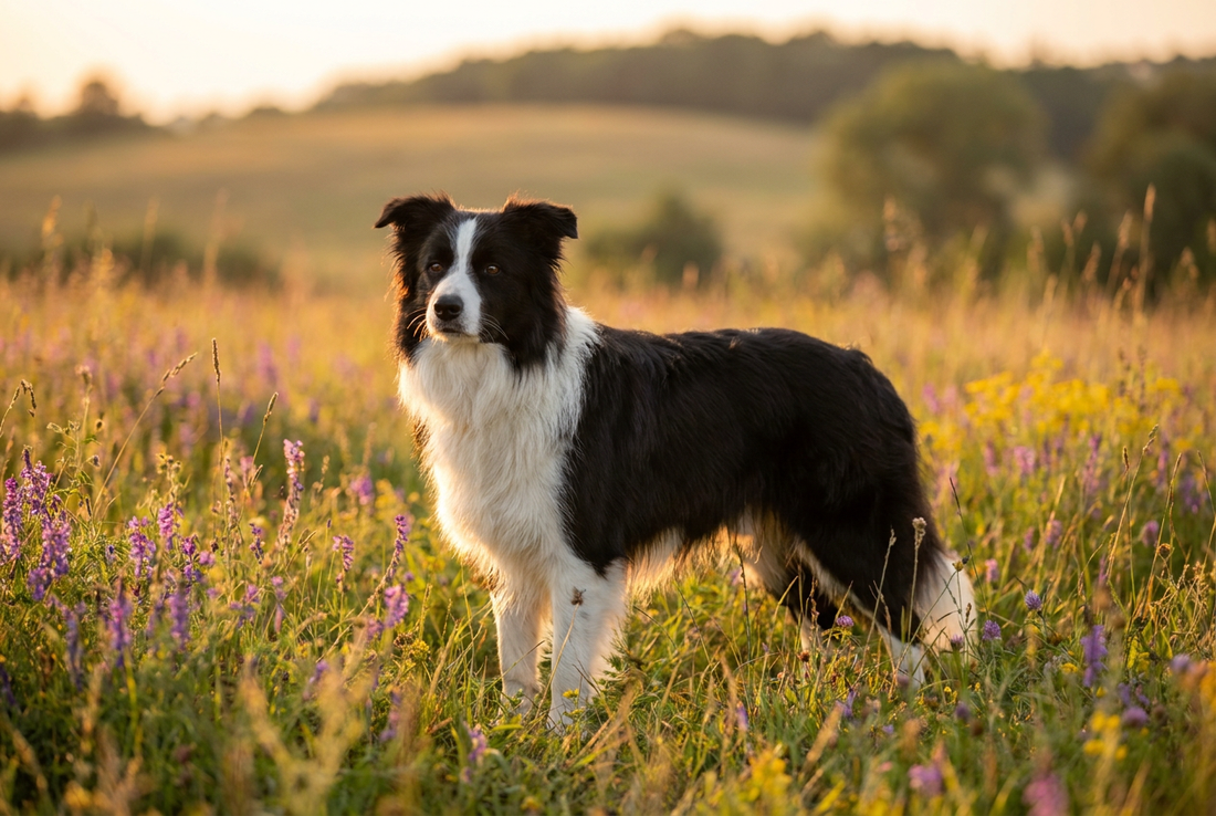 Adult Border Collie with medium-length black-and-white double coat with feathering, professional pet photograph