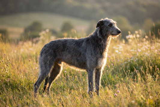 Adult Scottish Deerhound with harsh wiry blue-gray coat, towering Greyhound-like sighthound silhouette, professional pet photograph