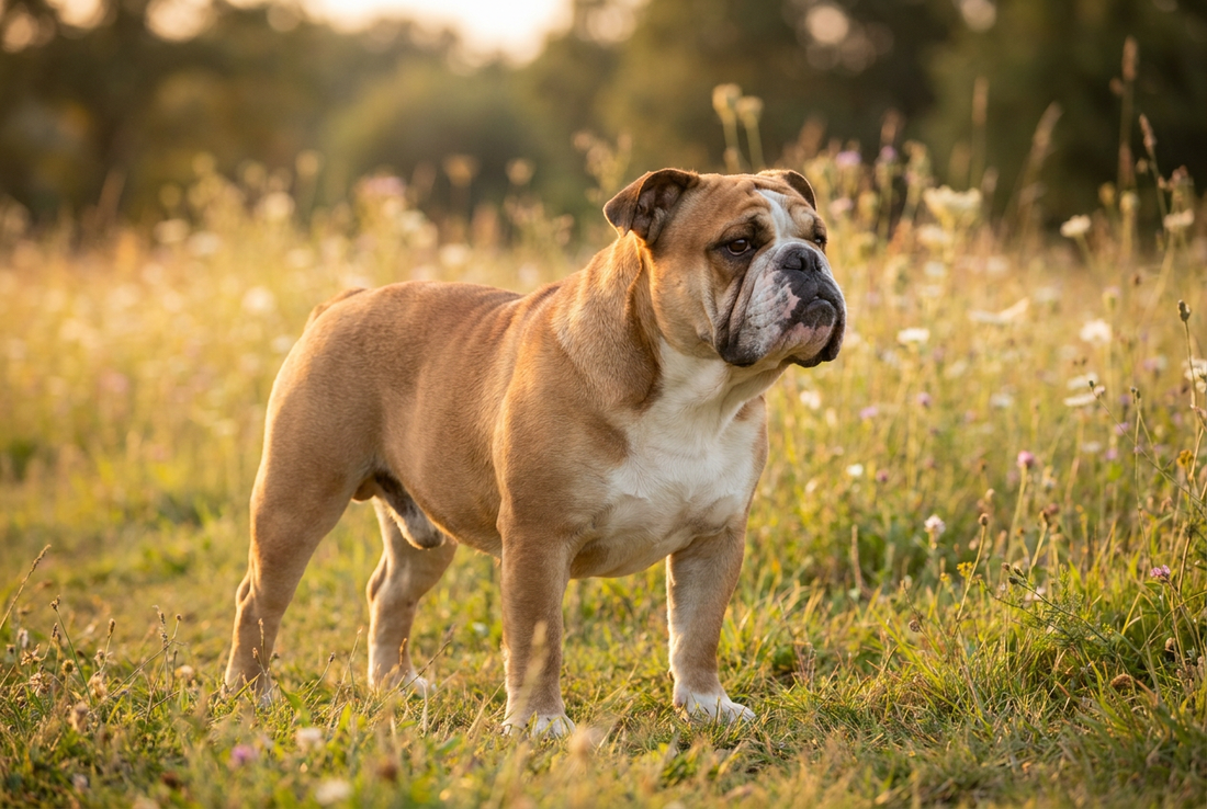 Adult Bulldog with short fawn-and-white coat, broad wrinkled head, stocky low frame, professional pet photograph