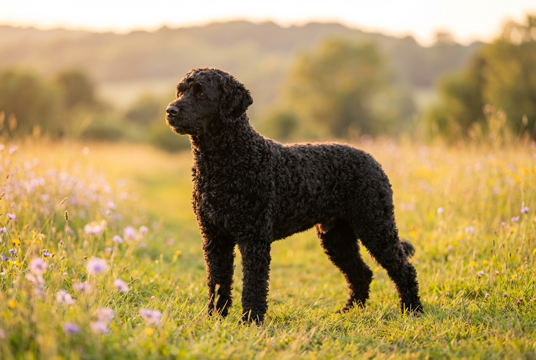 Adult Portuguese Water Dog with dense black tight-curled single-layer coat, professional pet photograph