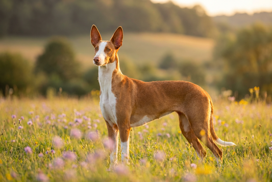 Adult Ibizan Hound with short fine red-and-white coat with large erect bat-like ears and amber eyes, professional pet photograph