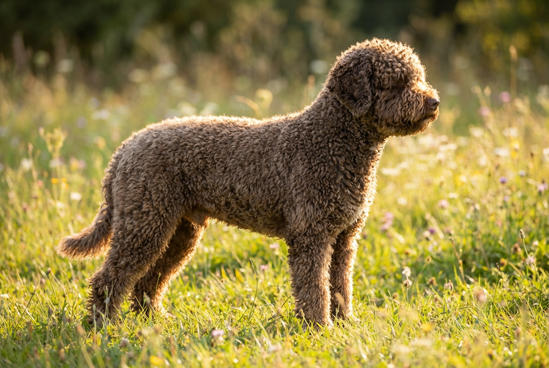 Adult Spanish Water Dog with dense corded or curled brown coat (often clipped uniformly), professional pet photograph