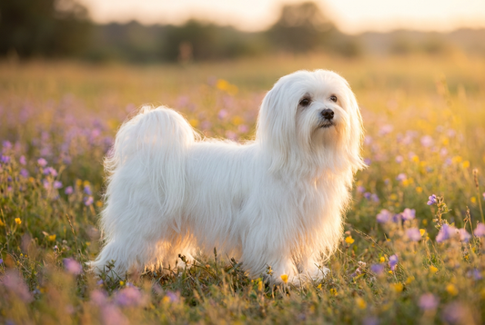 Adult Maltese with long silky pure white single coat (no undercoat), professional pet photograph