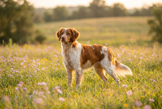 Adult Brittany with medium wavy orange-and-white coat with feathering, professional pet photograph