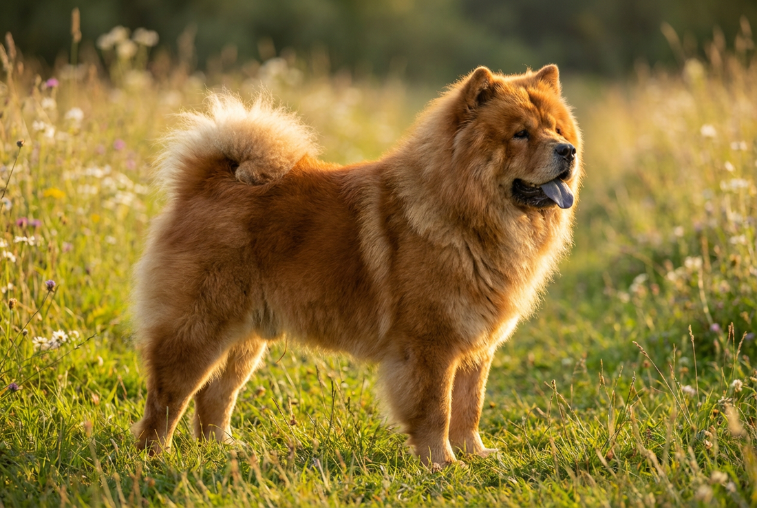 Adult Chow Chow with thick rough red double coat with a lion-like mane and blue-black tongue, professional pet photograph