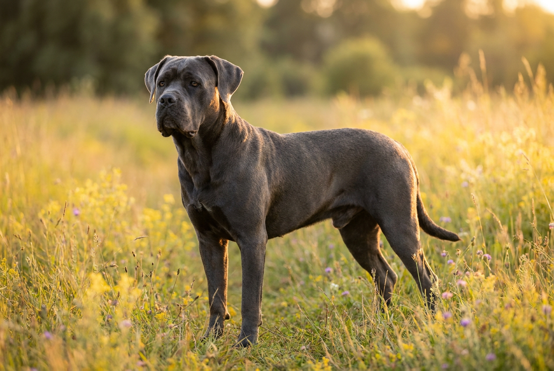 Adult Cane Corso with short stiff black or gray double coat, large muscular frame, professional pet photograph