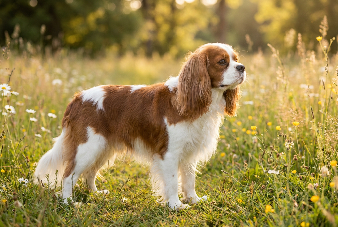 Adult Cavalier King Charles Spaniel with silky medium-length Blenheim (chestnut-and-white) coat with feathered ears, professional pet photograph