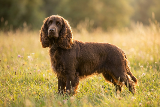 Adult Field Spaniel with dense flat silky liver-brown coat with feathering on legs and ears, professional pet photograph