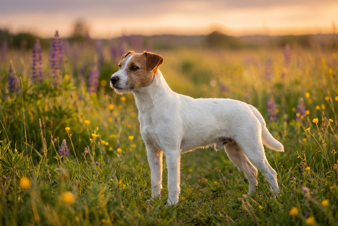 Adult Parson Russell Terrier with short white-with-tan coat (predominantly white body, athletic working terrier frame), professional pet photograph