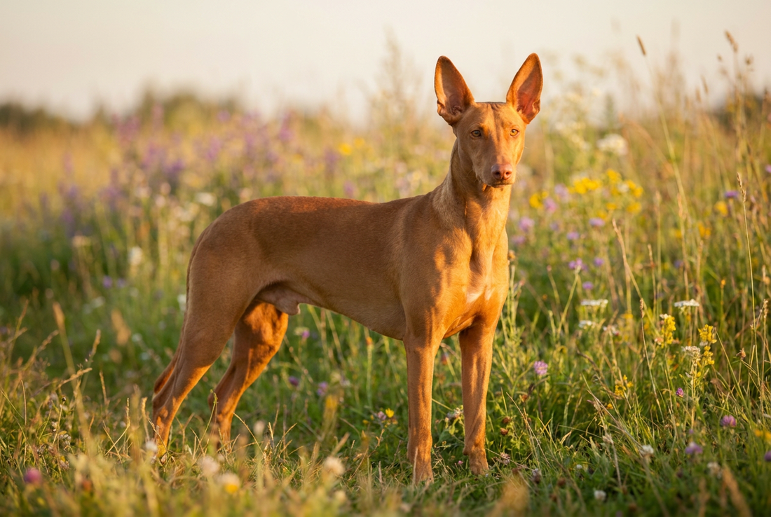 Adult Pharaoh Hound with short fine rich tan coat with large erect ears and amber eyes, professional pet photograph