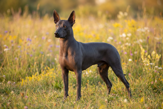 Adult Xoloitzcuintli with smooth dark gray-black hairless skin with almond eyes and bat-like ears (hairless variety), professional pet photograph