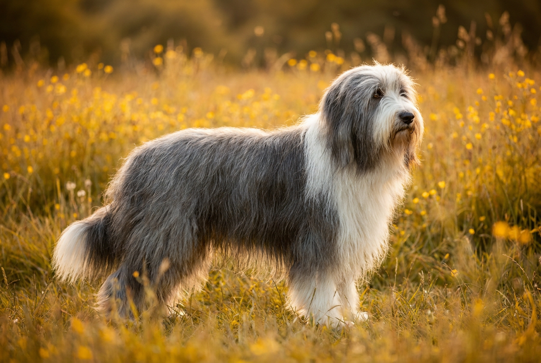 Adult Bearded Collie with long shaggy gray-and-white double coat with a full beard, professional pet photograph